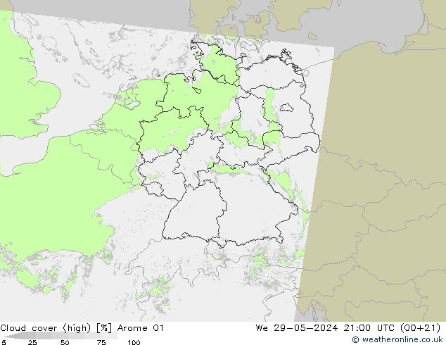 Cloud cover (high) Arome 01 We 29.05.2024 21 UTC