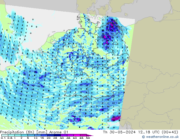 Precipitation (6h) Arome 01 Th 30.05.2024 18 UTC