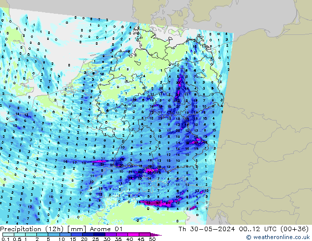 Precipitation (12h) Arome 01 Th 30.05.2024 12 UTC