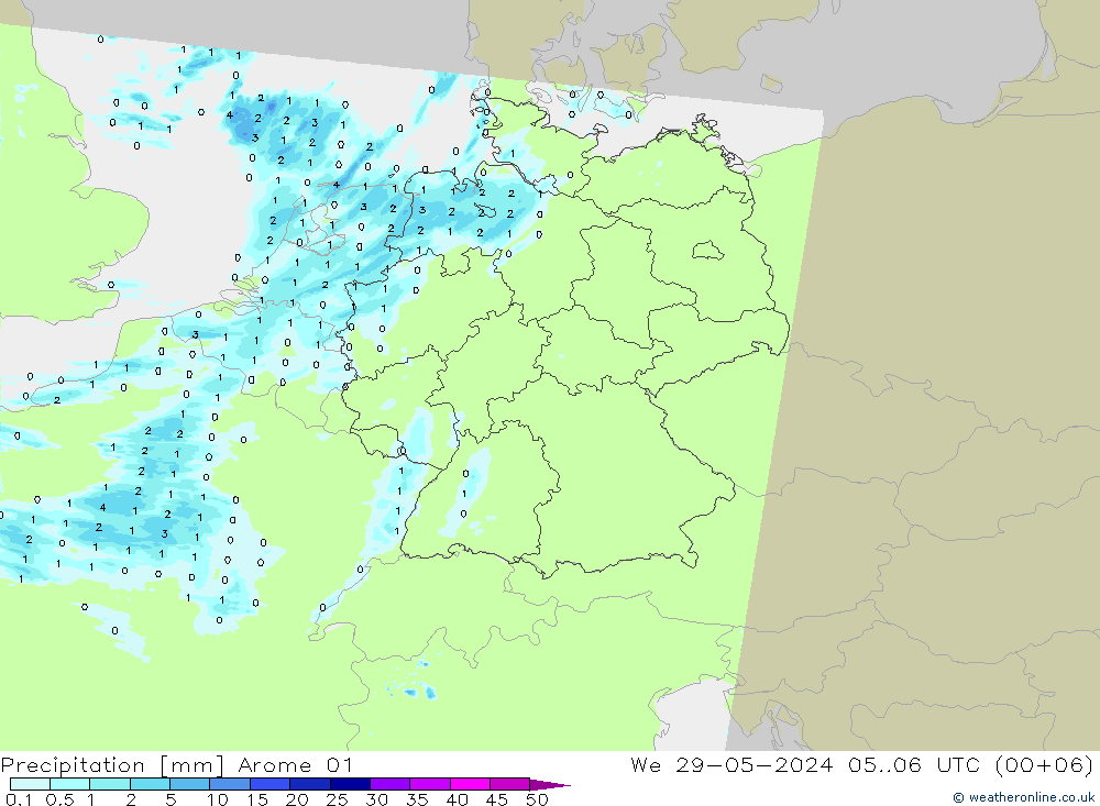 Srážky Arome 01 St 29.05.2024 06 UTC