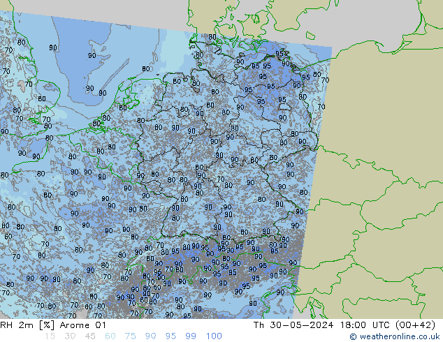 RH 2m Arome 01 Th 30.05.2024 18 UTC