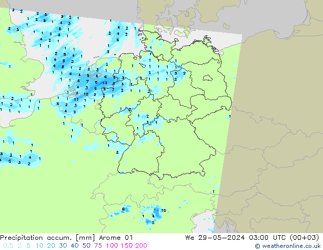 Precipitation accum. Arome 01 We 29.05.2024 03 UTC