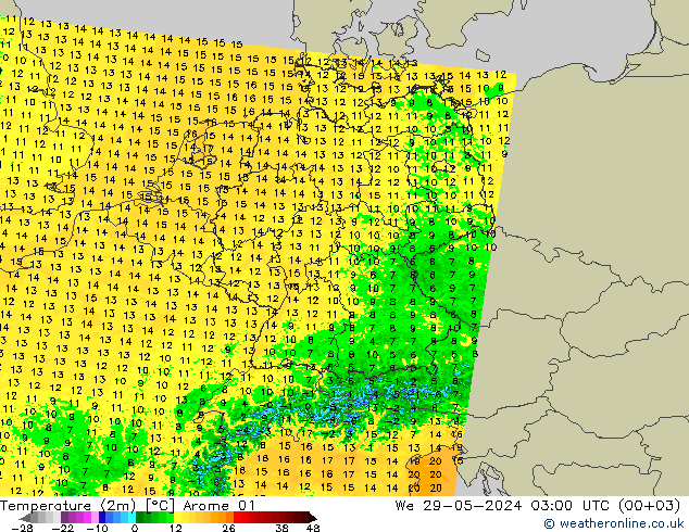 карта температуры Arome 01 ср 29.05.2024 03 UTC