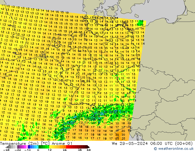 Temperatura (2m) Arome 01 Qua 29.05.2024 06 UTC