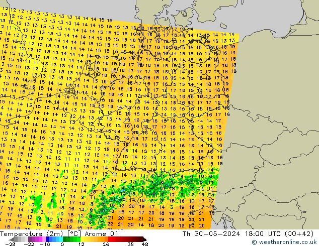 Temperatuurkaart (2m) Arome 01 do 30.05.2024 18 UTC