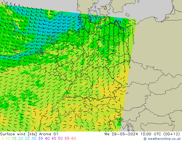 Vent 10 m Arome 01 mer 29.05.2024 12 UTC