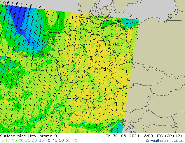 Surface wind Arome 01 Th 30.05.2024 18 UTC