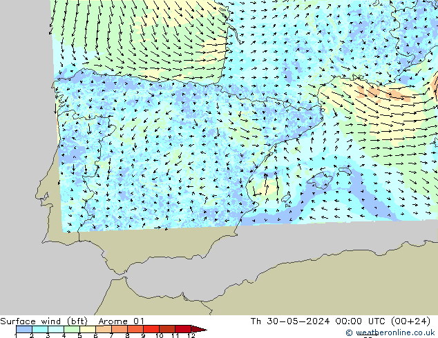 Surface wind (bft) Arome 01 Čt 30.05.2024 00 UTC