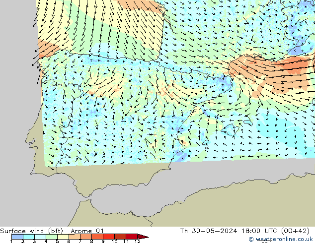 Surface wind (bft) Arome 01 Čt 30.05.2024 18 UTC