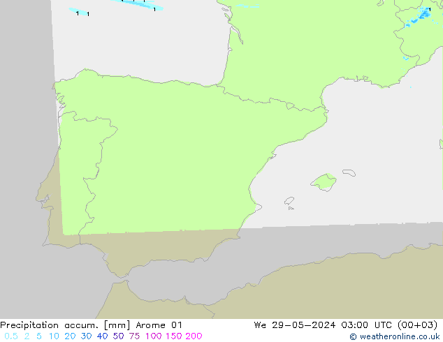 Precipitation accum. Arome 01 śro. 29.05.2024 03 UTC