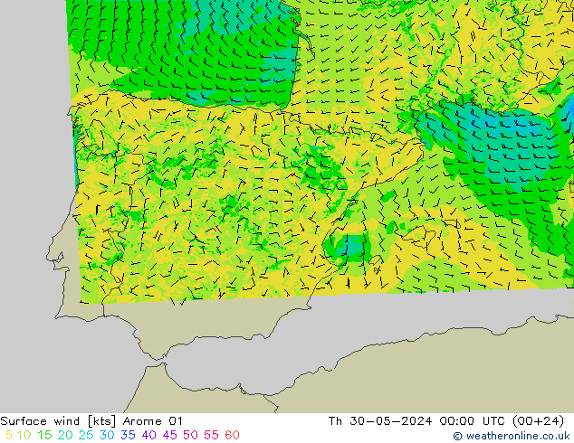 Surface wind Arome 01 Čt 30.05.2024 00 UTC