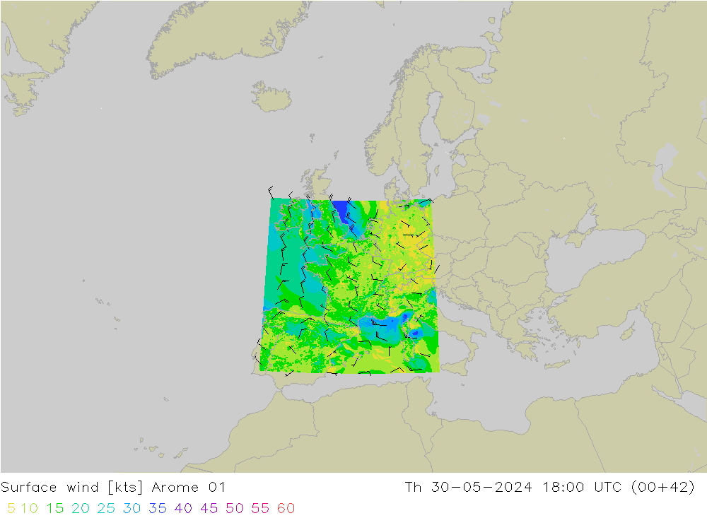 Surface wind Arome 01 Th 30.05.2024 18 UTC