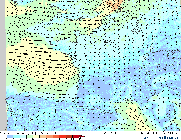 Surface wind (bft) Arome 01 St 29.05.2024 06 UTC