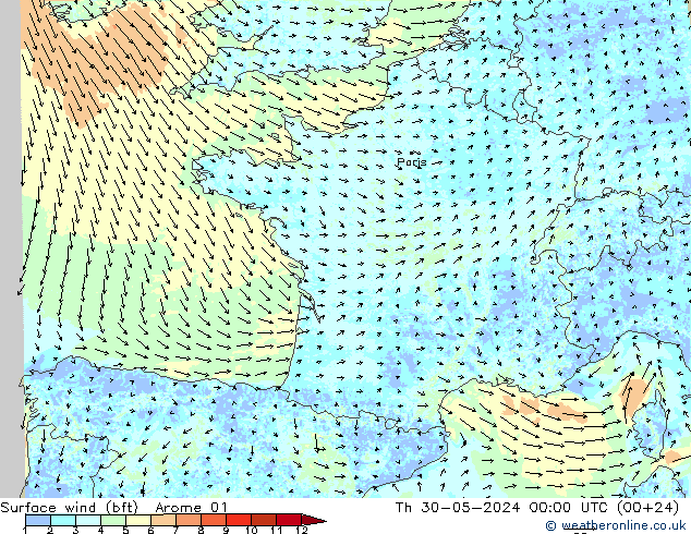 Rüzgar 10 m (bft) Arome 01 Per 30.05.2024 00 UTC
