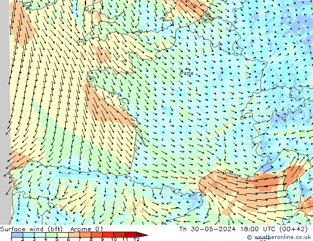 Surface wind (bft) Arome 01 Čt 30.05.2024 18 UTC