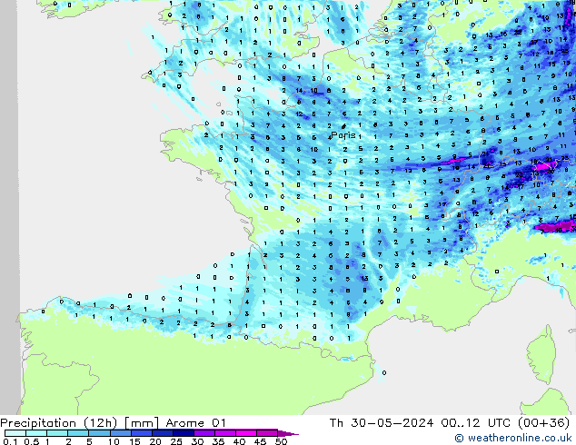 Totale neerslag (12h) Arome 01 do 30.05.2024 12 UTC