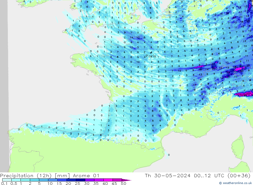 Précipitation (12h) Arome 01 jeu 30.05.2024 12 UTC