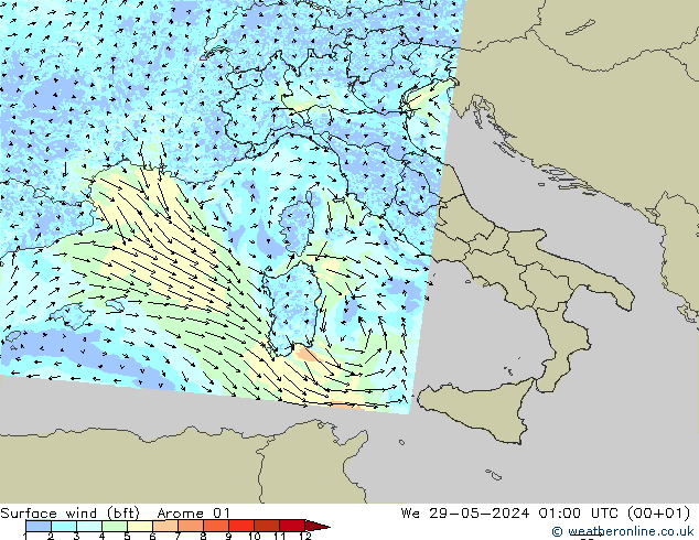  10 m (bft) Arome 01  29.05.2024 01 UTC