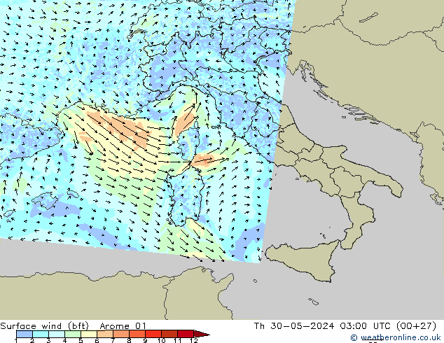 Surface wind (bft) Arome 01 Th 30.05.2024 03 UTC