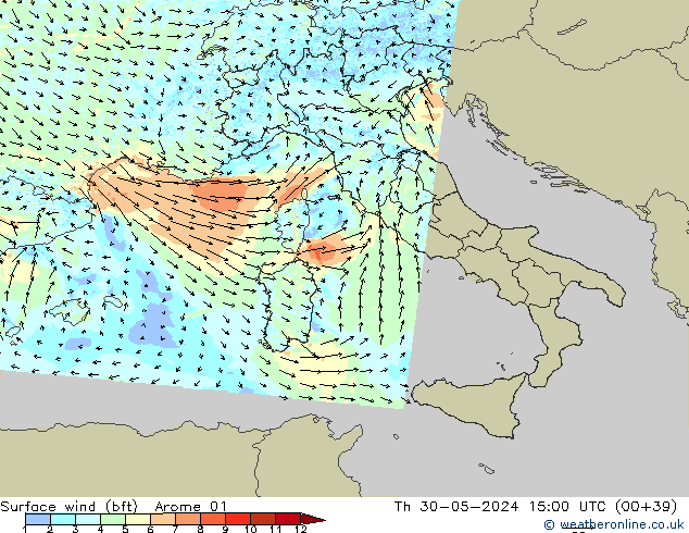 Vento 10 m (bft) Arome 01 Qui 30.05.2024 15 UTC