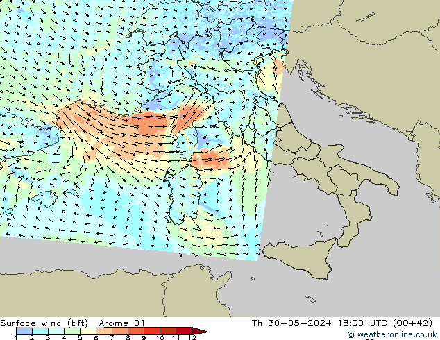 Vento 10 m (bft) Arome 01 Qui 30.05.2024 18 UTC