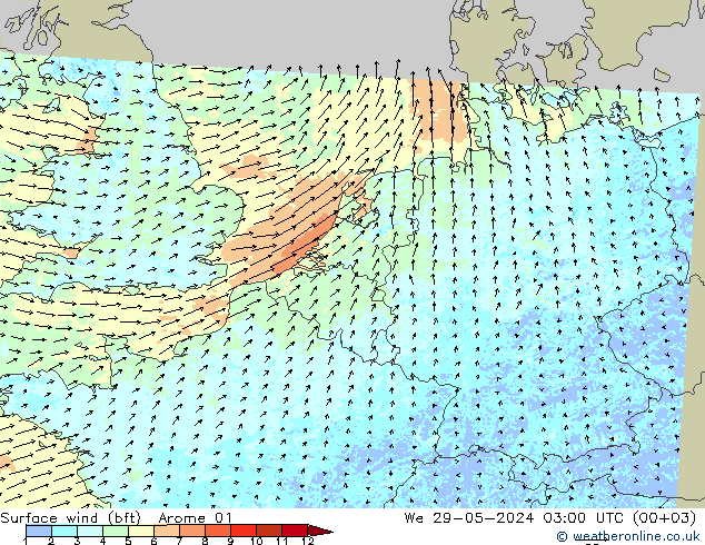 Wind 10 m (bft) Arome 01 wo 29.05.2024 03 UTC