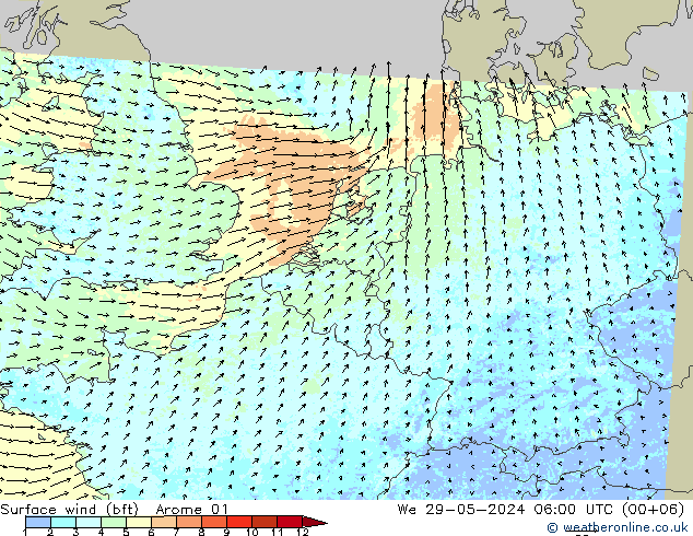 Bodenwind (bft) Arome 01 Mi 29.05.2024 06 UTC