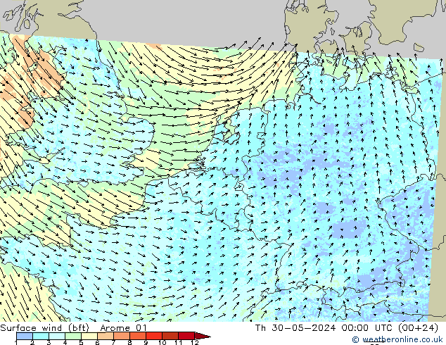 Bodenwind (bft) Arome 01 Do 30.05.2024 00 UTC