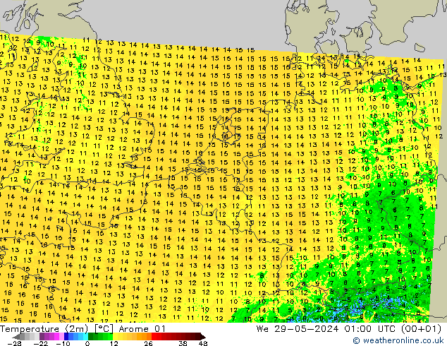 Temperature (2m) Arome 01 We 29.05.2024 01 UTC