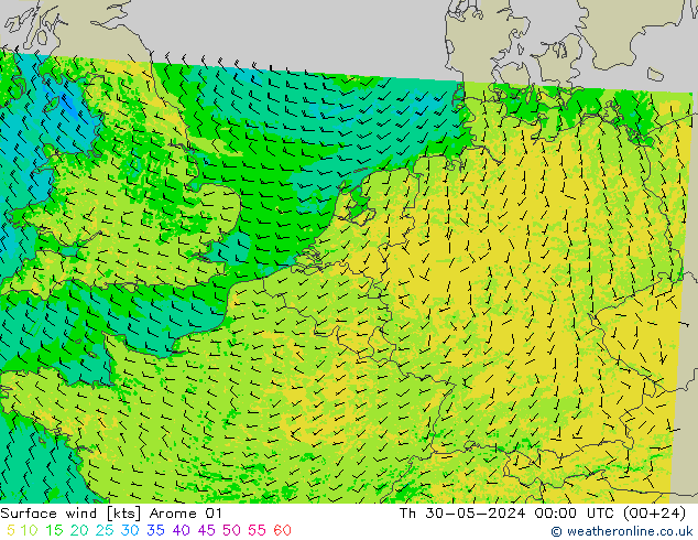 Vento 10 m Arome 01 Qui 30.05.2024 00 UTC