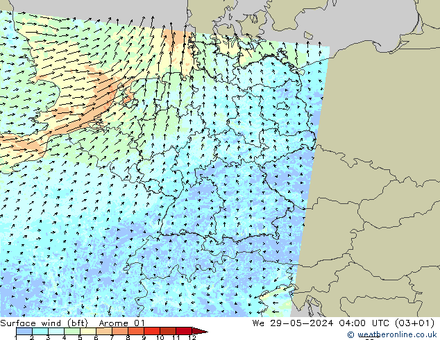 Vento 10 m (bft) Arome 01 mer 29.05.2024 04 UTC