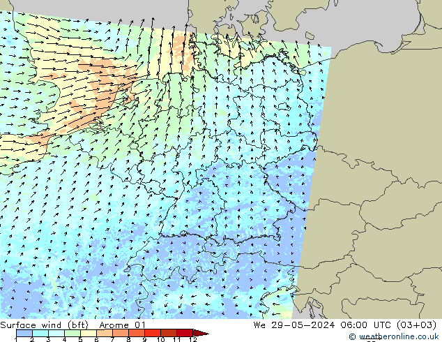 wiatr 10 m (bft) Arome 01 śro. 29.05.2024 06 UTC