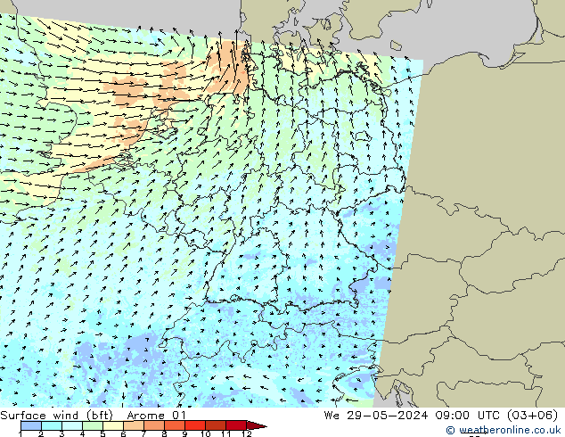 Surface wind (bft) Arome 01 We 29.05.2024 09 UTC