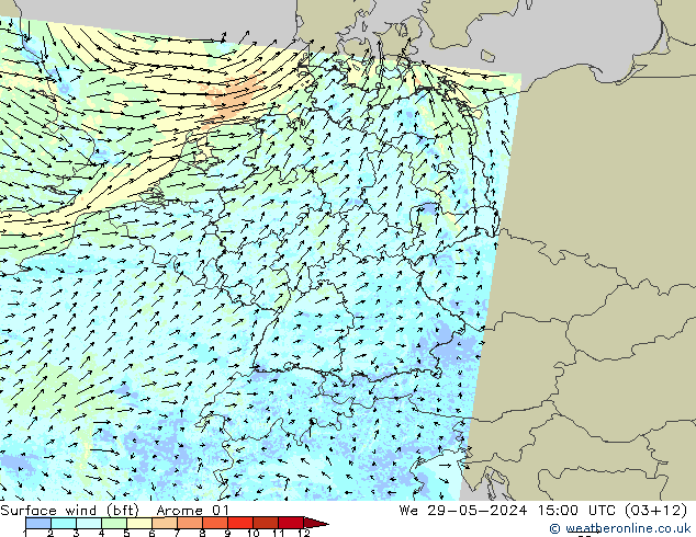 Viento 10 m (bft) Arome 01 mié 29.05.2024 15 UTC