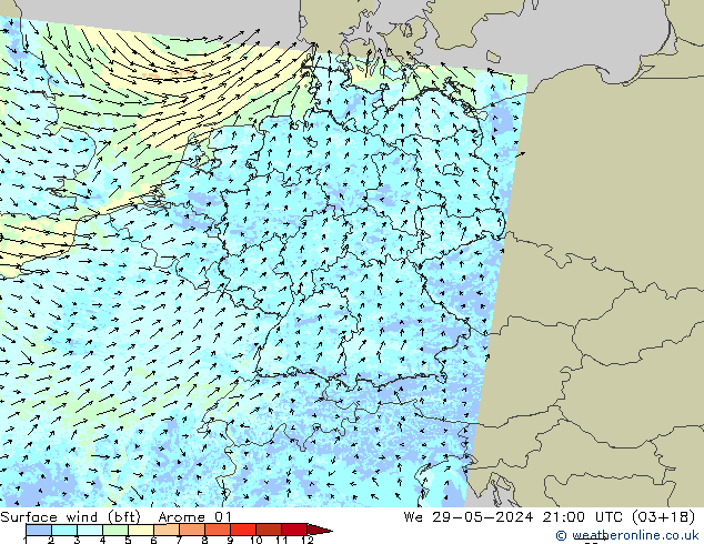 Surface wind (bft) Arome 01 We 29.05.2024 21 UTC