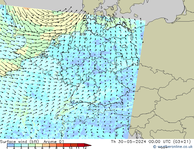 Wind 10 m (bft) Arome 01 do 30.05.2024 00 UTC