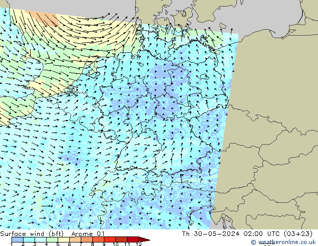 Vent 10 m (bft) Arome 01 jeu 30.05.2024 02 UTC