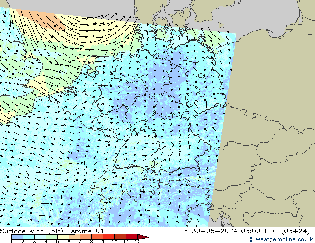 Wind 10 m (bft) Arome 01 do 30.05.2024 03 UTC