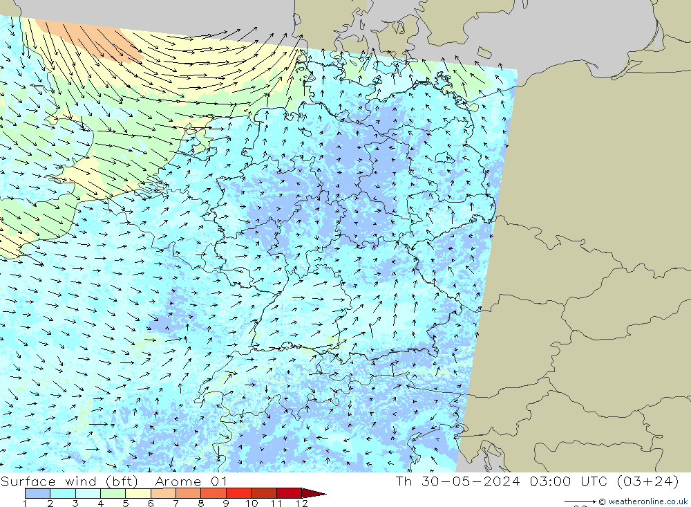 ве�Bе�@ 10 m (bft) Arome 01 чт 30.05.2024 03 UTC