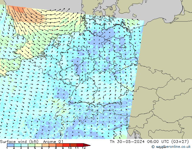 Vento 10 m (bft) Arome 01 gio 30.05.2024 06 UTC