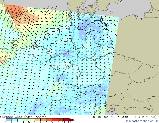 Wind 10 m (bft) Arome 01 do 30.05.2024 09 UTC