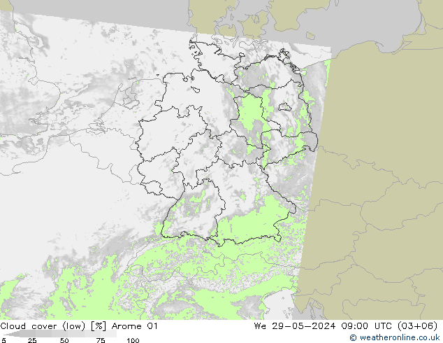 Cloud cover (low) Arome 01 We 29.05.2024 09 UTC