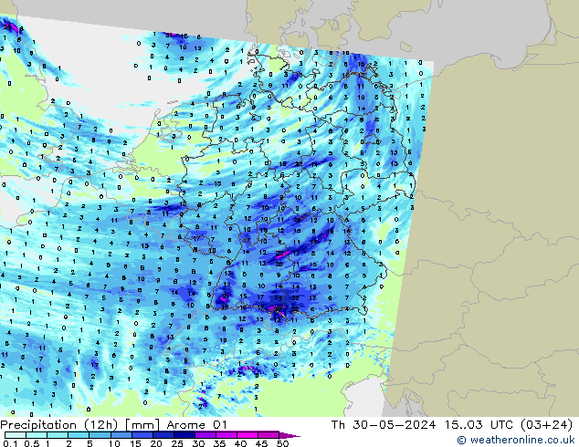 Precipitazione (12h) Arome 01 gio 30.05.2024 03 UTC