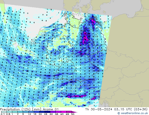 Totale neerslag (12h) Arome 01 do 30.05.2024 15 UTC