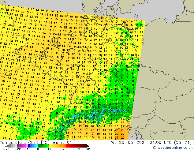 Temperatuurkaart (2m) Arome 01 wo 29.05.2024 04 UTC