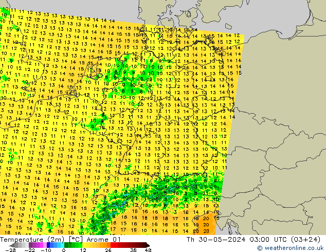 Sıcaklık Haritası (2m) Arome 01 Per 30.05.2024 03 UTC