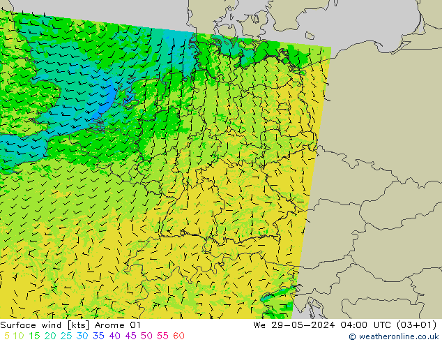 Viento 10 m Arome 01 mié 29.05.2024 04 UTC