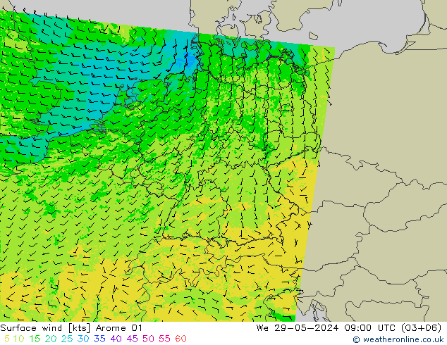 风 10 米 Arome 01 星期三 29.05.2024 09 UTC