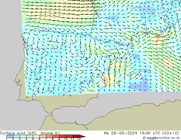 Surface wind (bft) Arome 01 We 29.05.2024 15 UTC