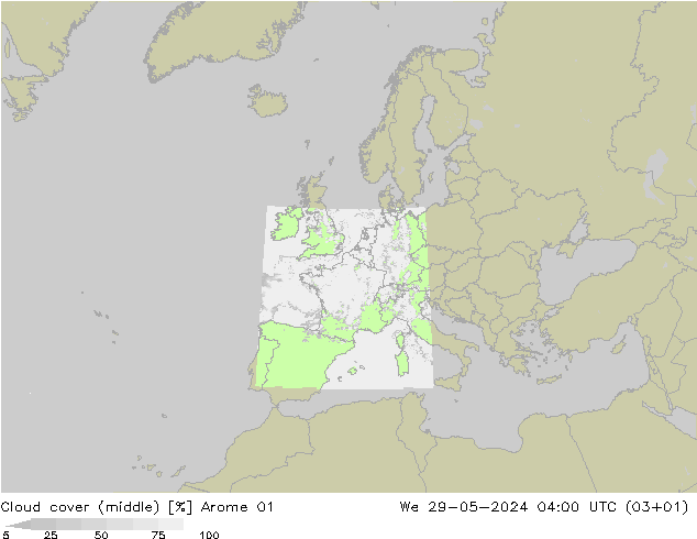 Cloud cover (middle) Arome 01 We 29.05.2024 04 UTC